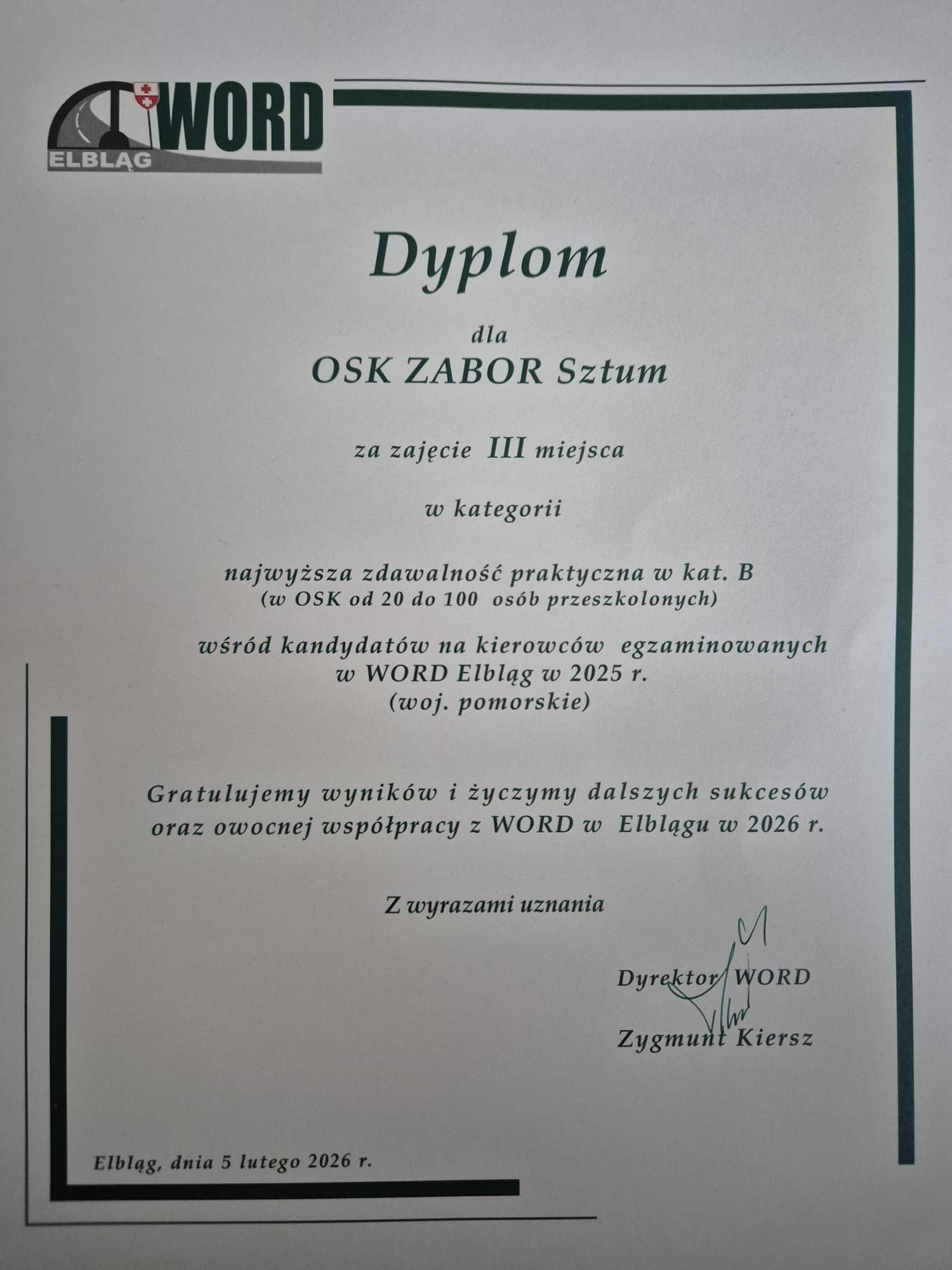 Dyplom OSK Zabor: III miejsce — zdawalność praktyczna kat. B, 2025
