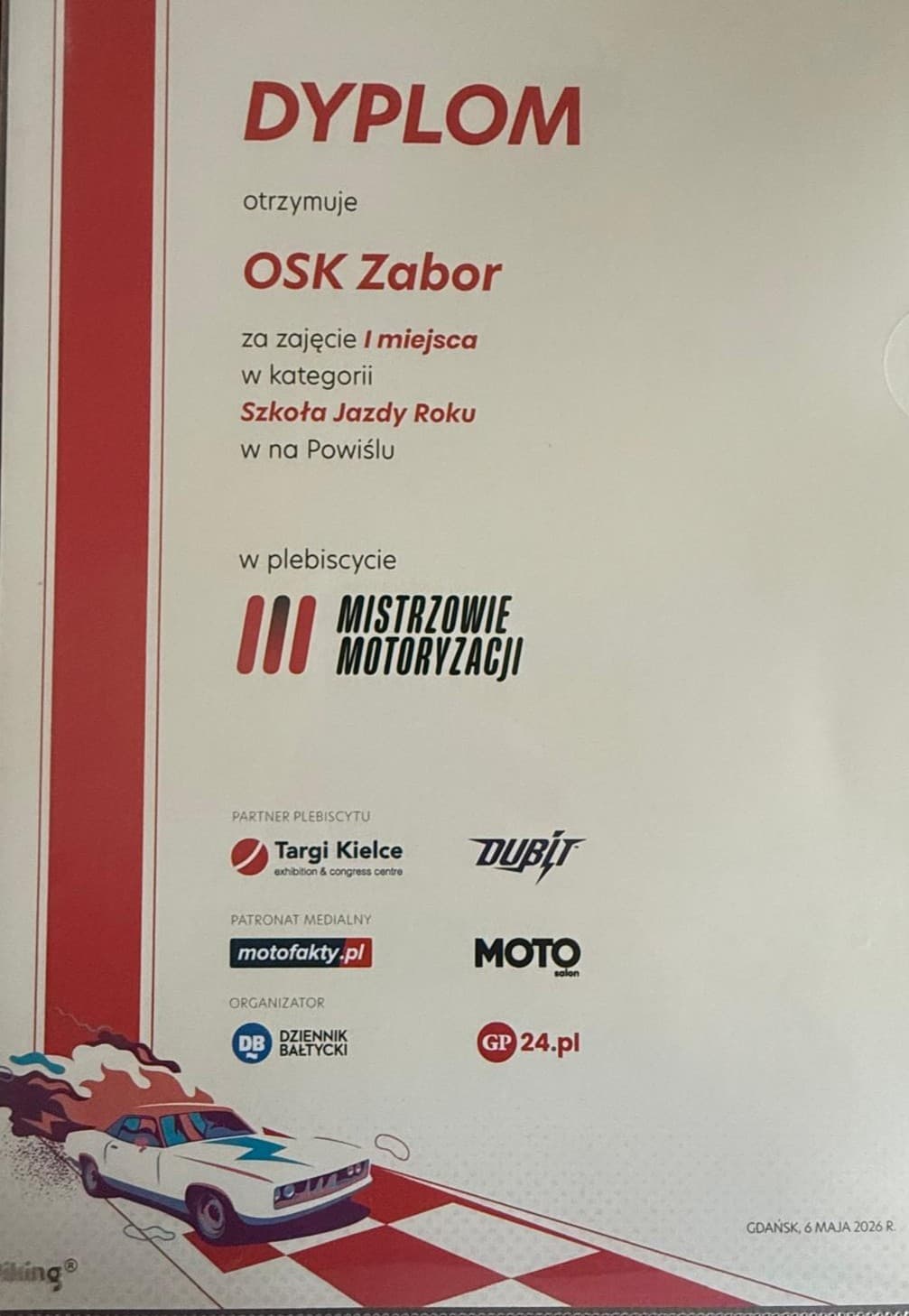 Dyplom OSK Zabor: I miejsce — Szkoła Jazdy Roku na Powiślu, 2026