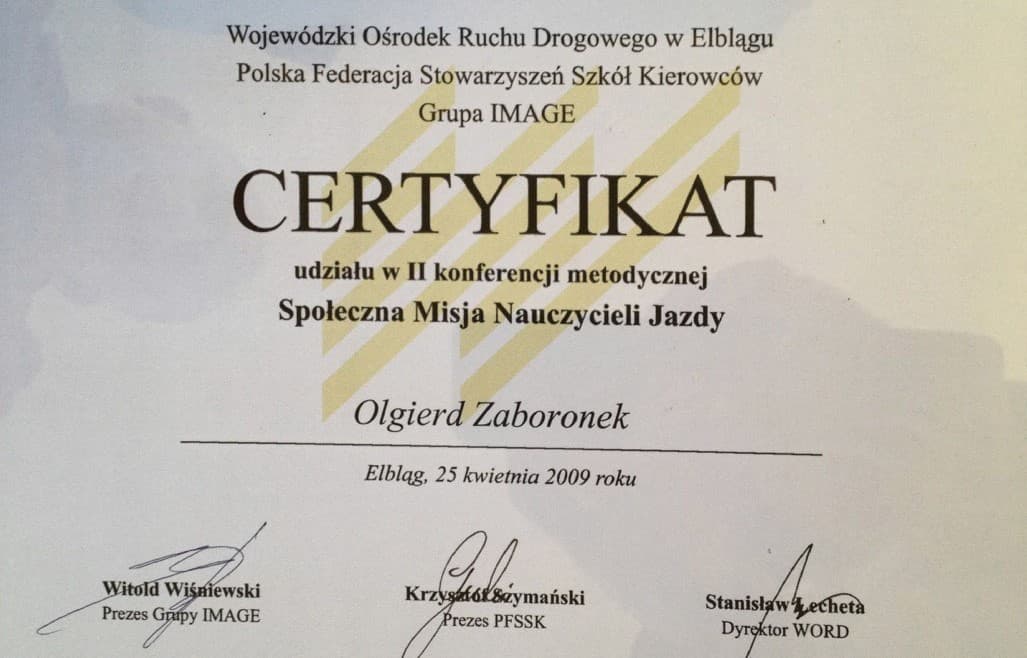 Certyfikat Olgierda Zaboronka: Konferencja metodyczna nauczycieli jazdy, 2009