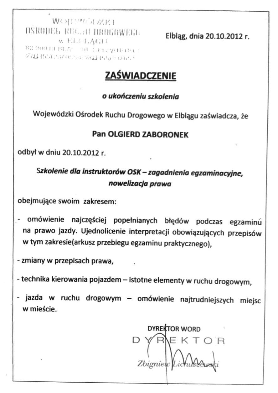 Certyfikat Olgierda Zaboronka: Szkolenie dla instruktorów OSK, 2012