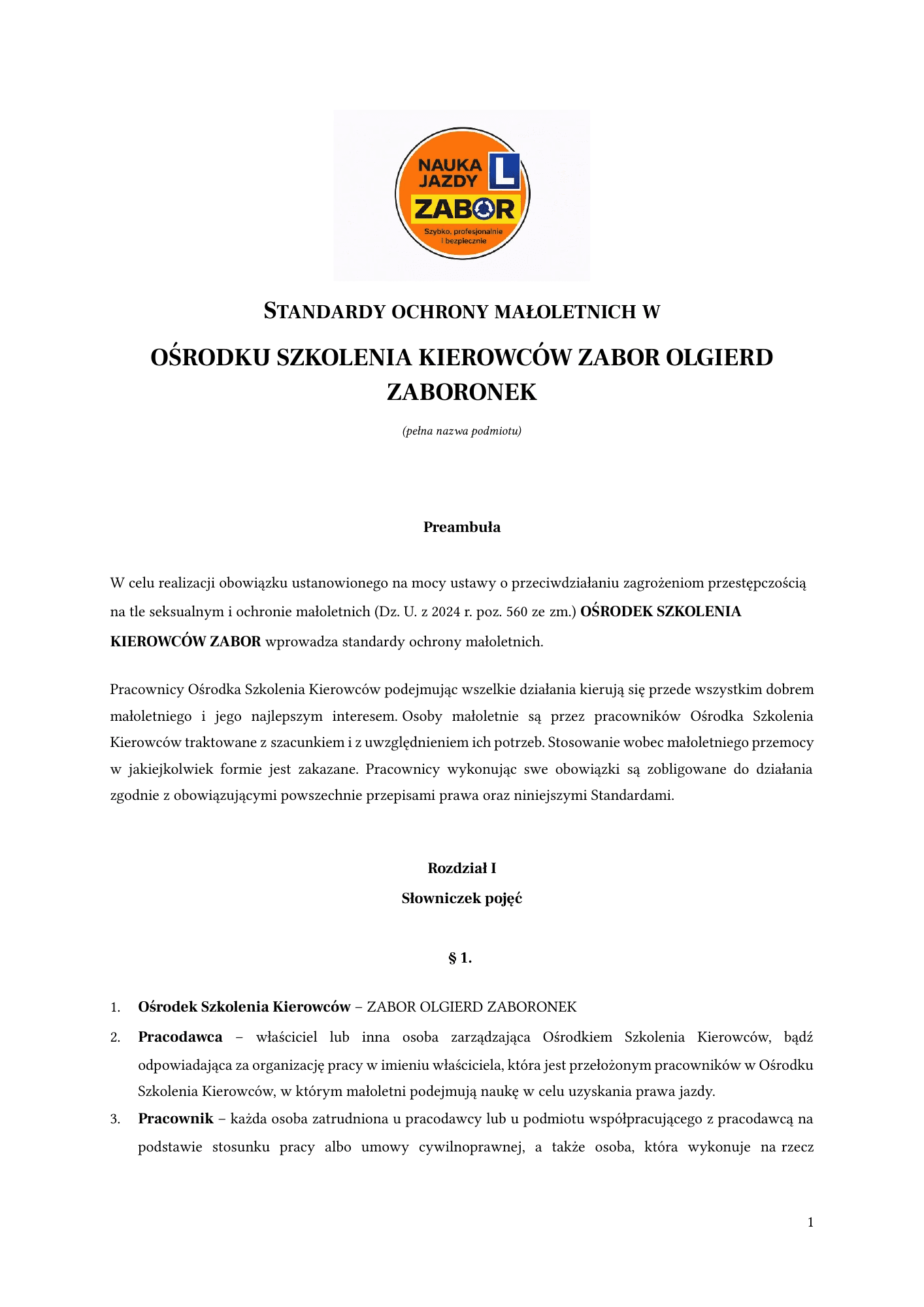 Pierwsza strona Standardów Ochrony Małoletnich Ośrodka Szkolenia Kierowców Zabor
